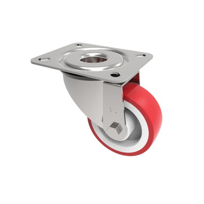Stainless Steel Swivel Castors, Top Plate, Red Polyurethane Nylon Centre Wheel, 80mm - 200mm